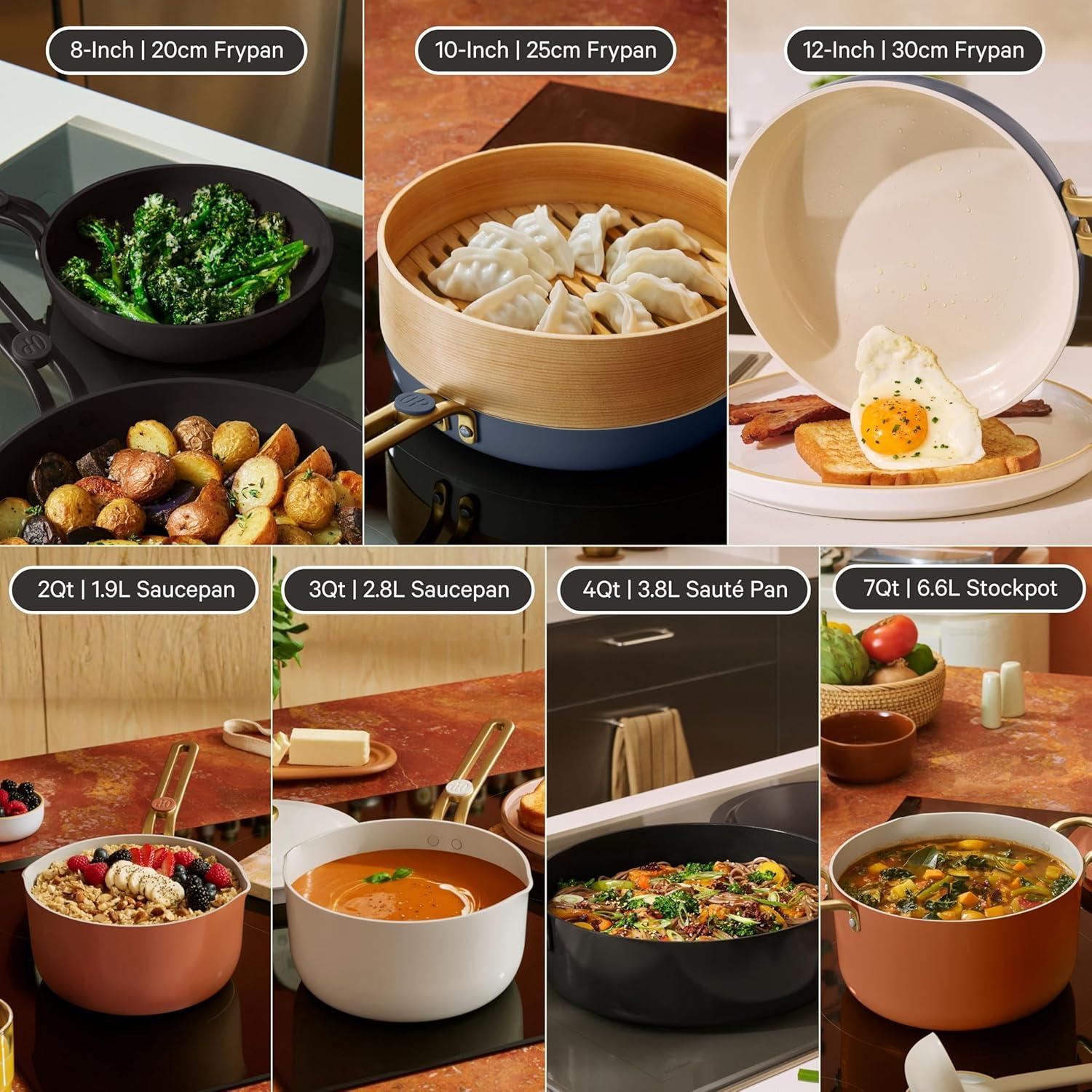 imageOur Place 17Piece Essentials Complete Cookware Set Ceramic Fry Pans Saucepans Saut Pan Stock Pot Strainer Basket ampamp Modular Storage Thermakind Nonstick Oven Safe up to 450F TerracottaBlue Salt