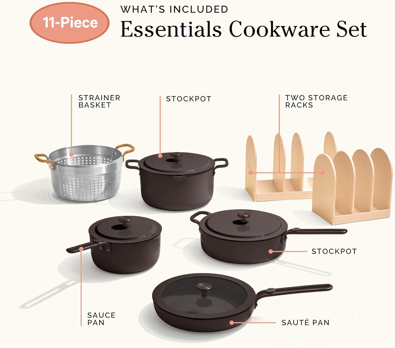 imageOur Place 17Piece Essentials Complete Cookware Set Ceramic Fry Pans Saucepans Saut Pan Stock Pot Strainer Basket ampamp Modular Storage Thermakind Nonstick Oven Safe up to 450F TerracottaChar