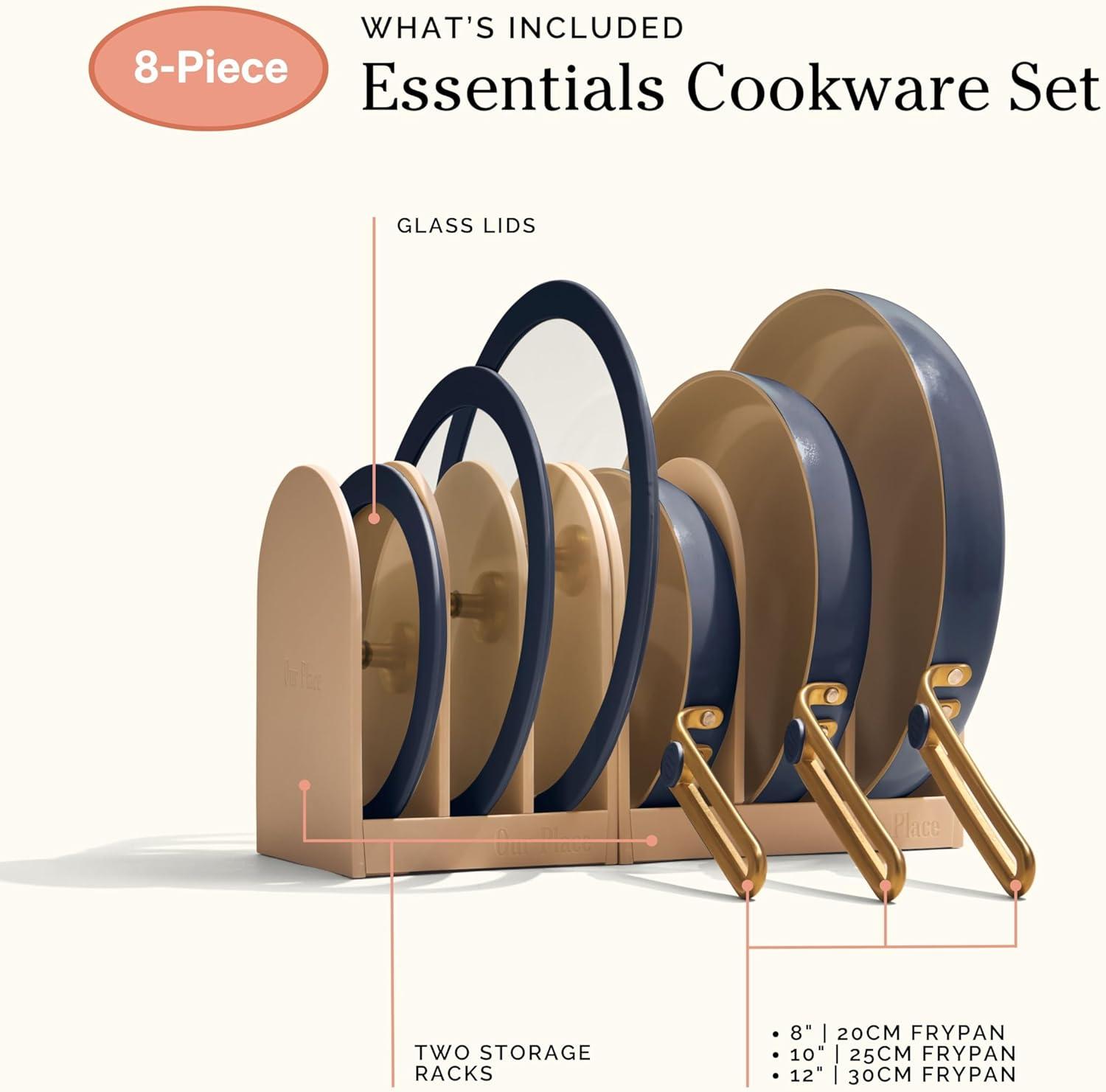 imageOur Place 17Piece Essentials Complete Cookware Set Ceramic Fry Pans Saucepans Saut Pan Stock Pot Strainer Basket ampamp Modular Storage Thermakind Nonstick Oven Safe up to 450F TerracottaBlue Salt