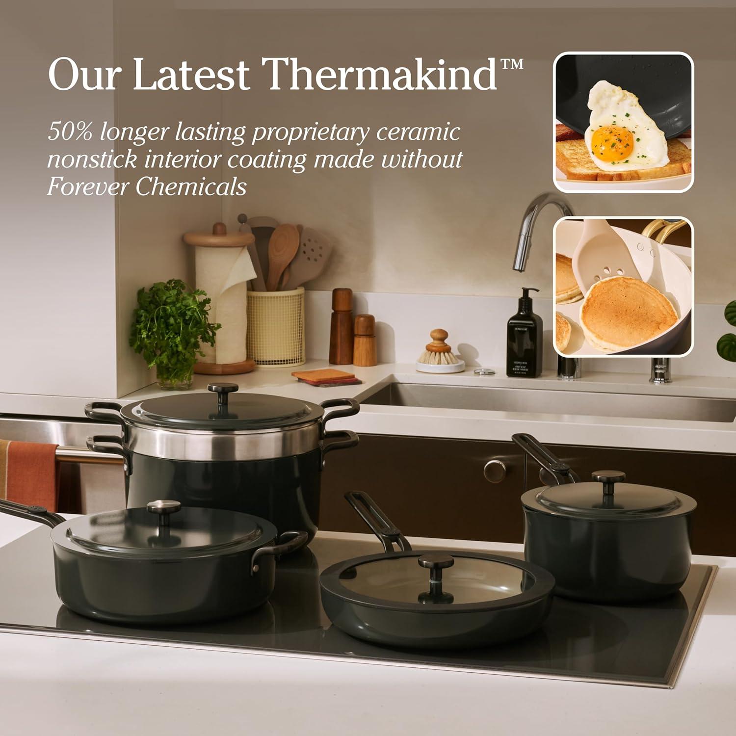 imageOur Place 17Piece Essentials Complete Cookware Set Ceramic Fry Pans Saucepans Saut Pan Stock Pot Strainer Basket ampamp Modular Storage Thermakind Nonstick Oven Safe up to 450F TerracottaChar