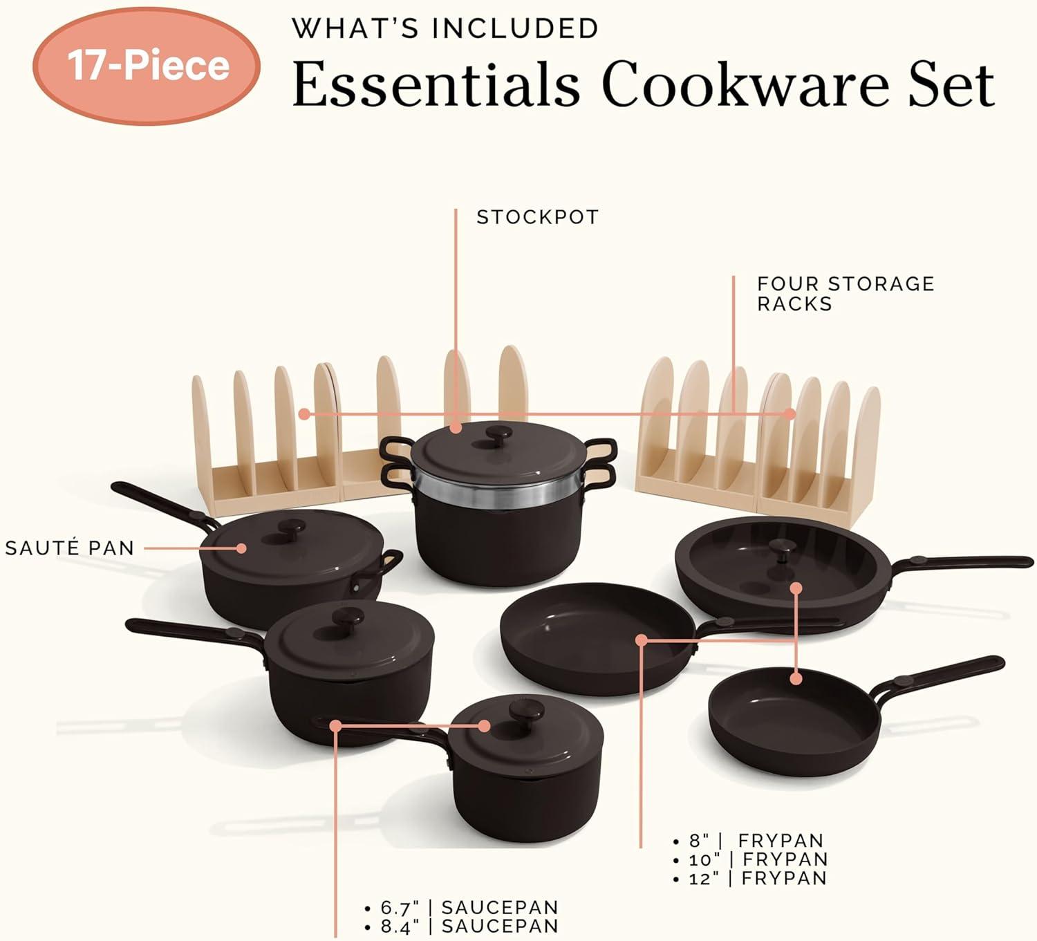 imageOur Place 17Piece Essentials Complete Cookware Set Ceramic Fry Pans Saucepans Saut Pan Stock Pot Strainer Basket ampamp Modular Storage Thermakind Nonstick Oven Safe up to 450F TerracottaChar