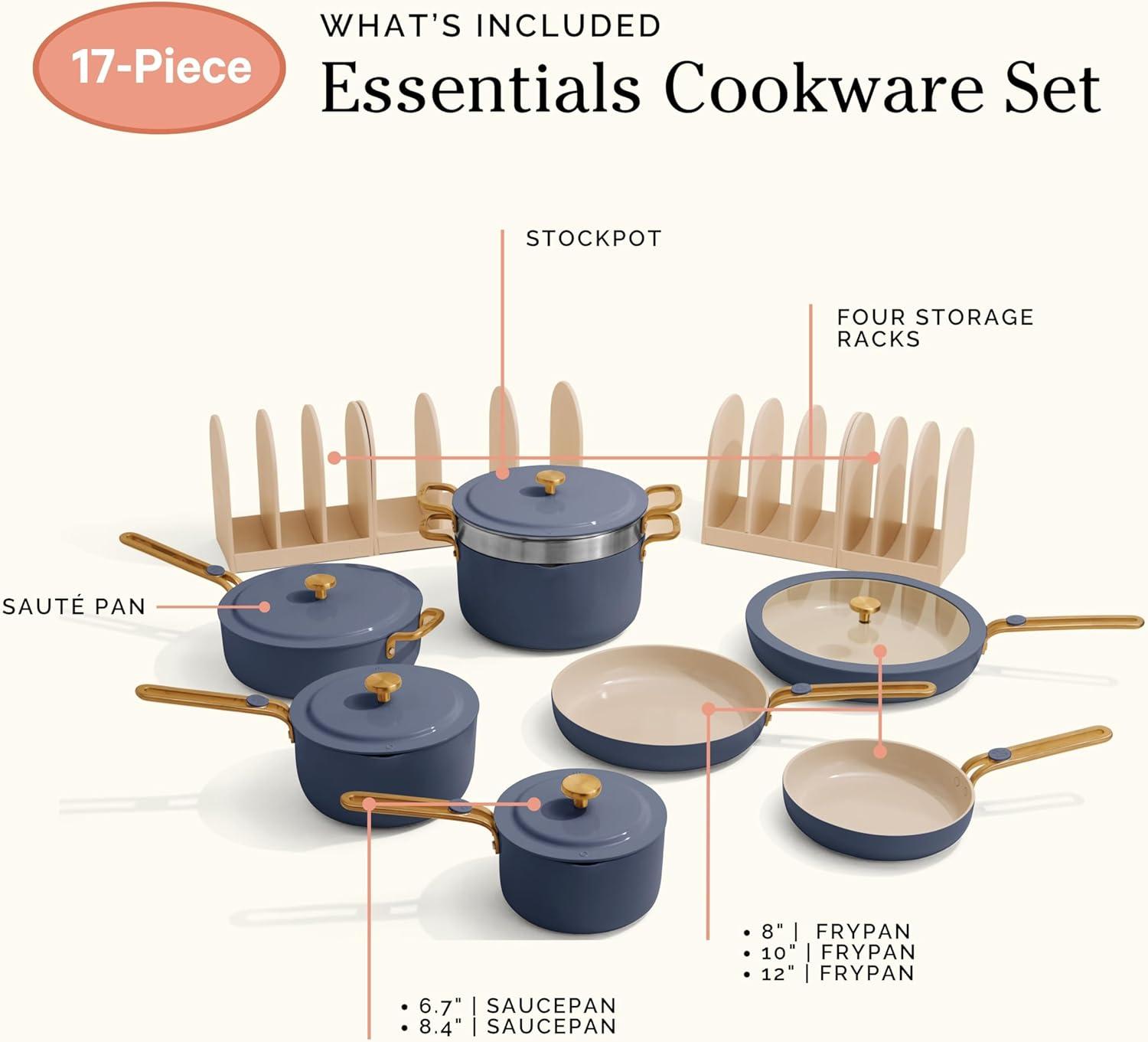 imageOur Place 17Piece Essentials Complete Cookware Set Ceramic Fry Pans Saucepans Saut Pan Stock Pot Strainer Basket ampamp Modular Storage Thermakind Nonstick Oven Safe up to 450F TerracottaBlue Salt