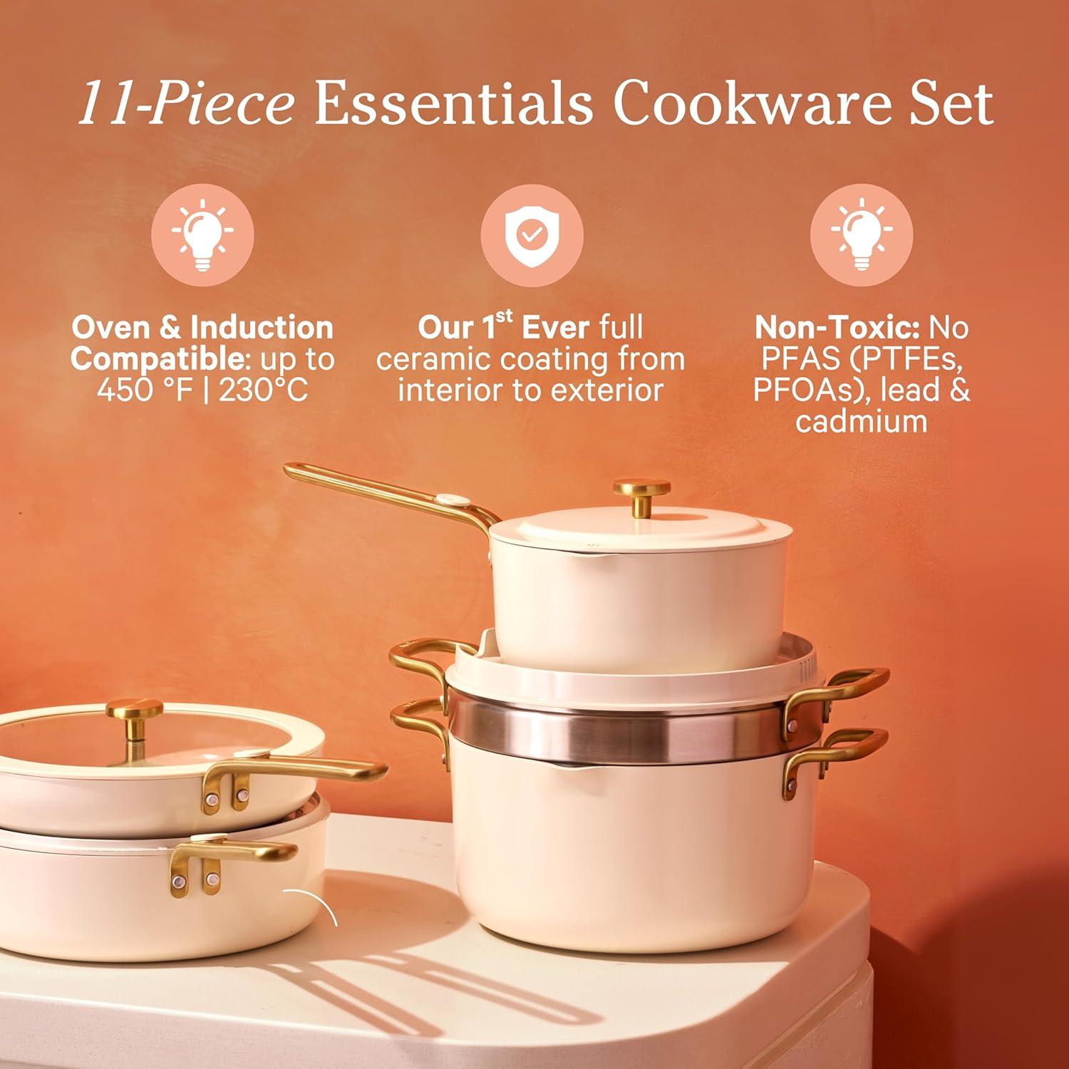 imageOur Place 17Piece Essentials Complete Cookware Set Ceramic Fry Pans Saucepans Saut Pan Stock Pot Strainer Basket ampamp Modular Storage Thermakind Nonstick Oven Safe up to 450F TerracottaChar