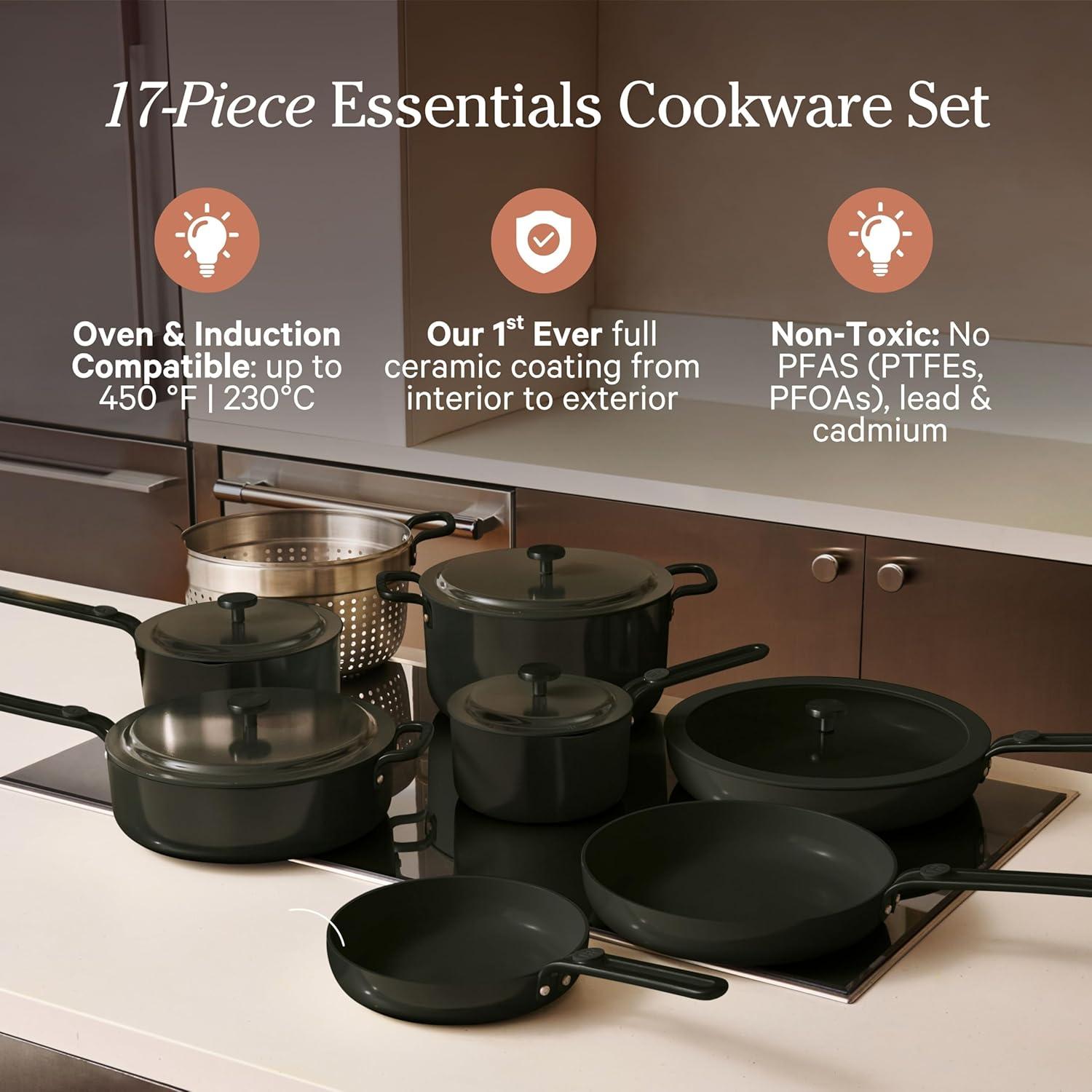 imageOur Place 17Piece Essentials Complete Cookware Set Ceramic Fry Pans Saucepans Saut Pan Stock Pot Strainer Basket ampamp Modular Storage Thermakind Nonstick Oven Safe up to 450F TerracottaChar