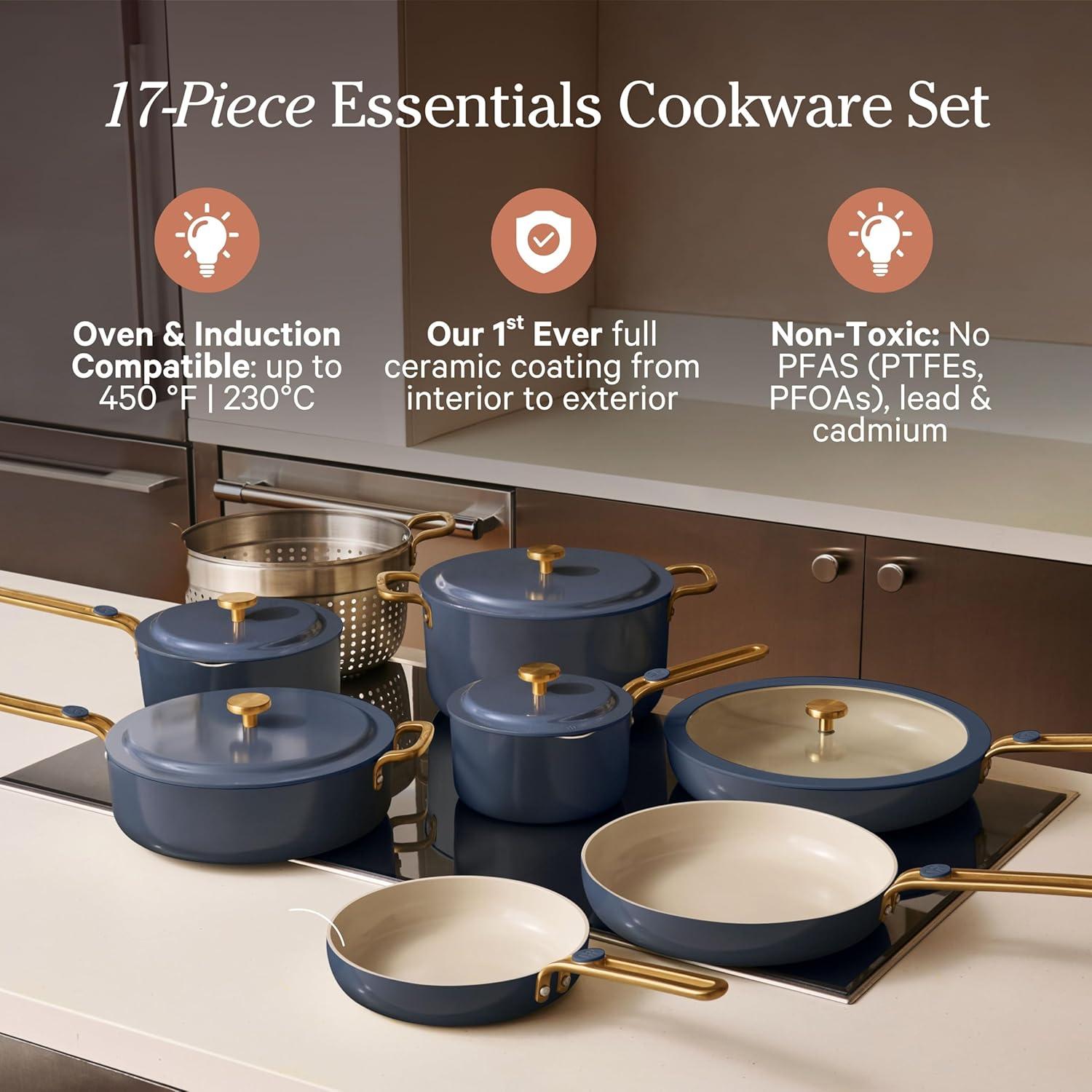 imageOur Place 17Piece Essentials Complete Cookware Set Ceramic Fry Pans Saucepans Saut Pan Stock Pot Strainer Basket ampamp Modular Storage Thermakind Nonstick Oven Safe up to 450F TerracottaBlue Salt