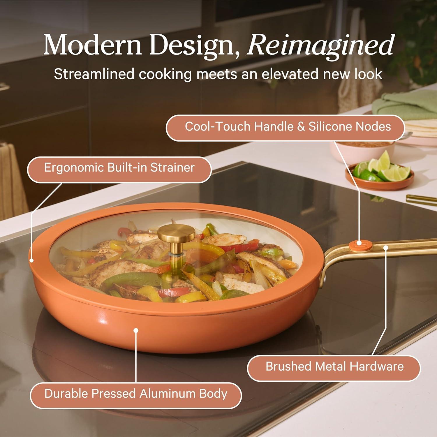 imageOur Place 17Piece Essentials Complete Cookware Set Ceramic Fry Pans Saucepans Saut Pan Stock Pot Strainer Basket ampamp Modular Storage Thermakind Nonstick Oven Safe up to 450F TerracottaChar