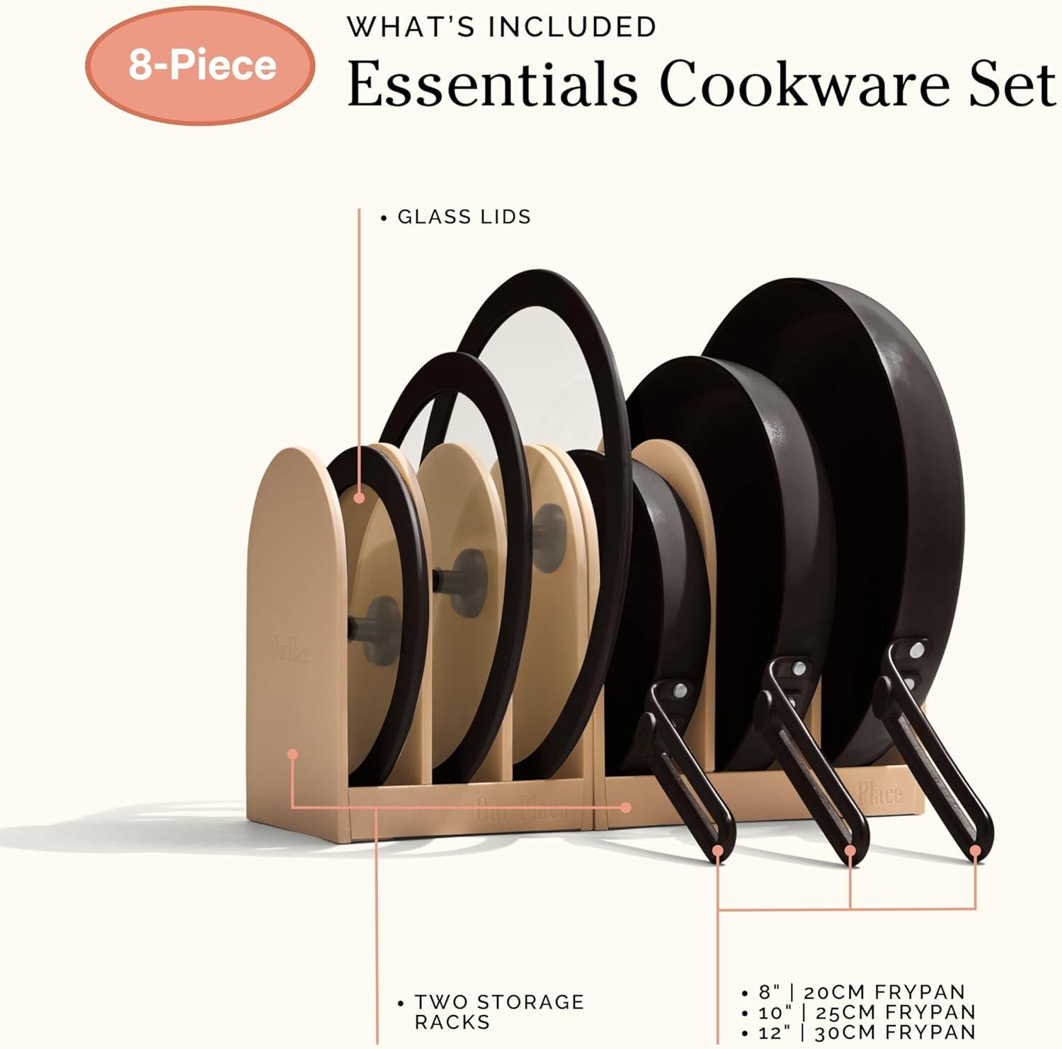 imageOur Place 17Piece Essentials Complete Cookware Set Ceramic Fry Pans Saucepans Saut Pan Stock Pot Strainer Basket ampamp Modular Storage Thermakind Nonstick Oven Safe up to 450F TerracottaChar