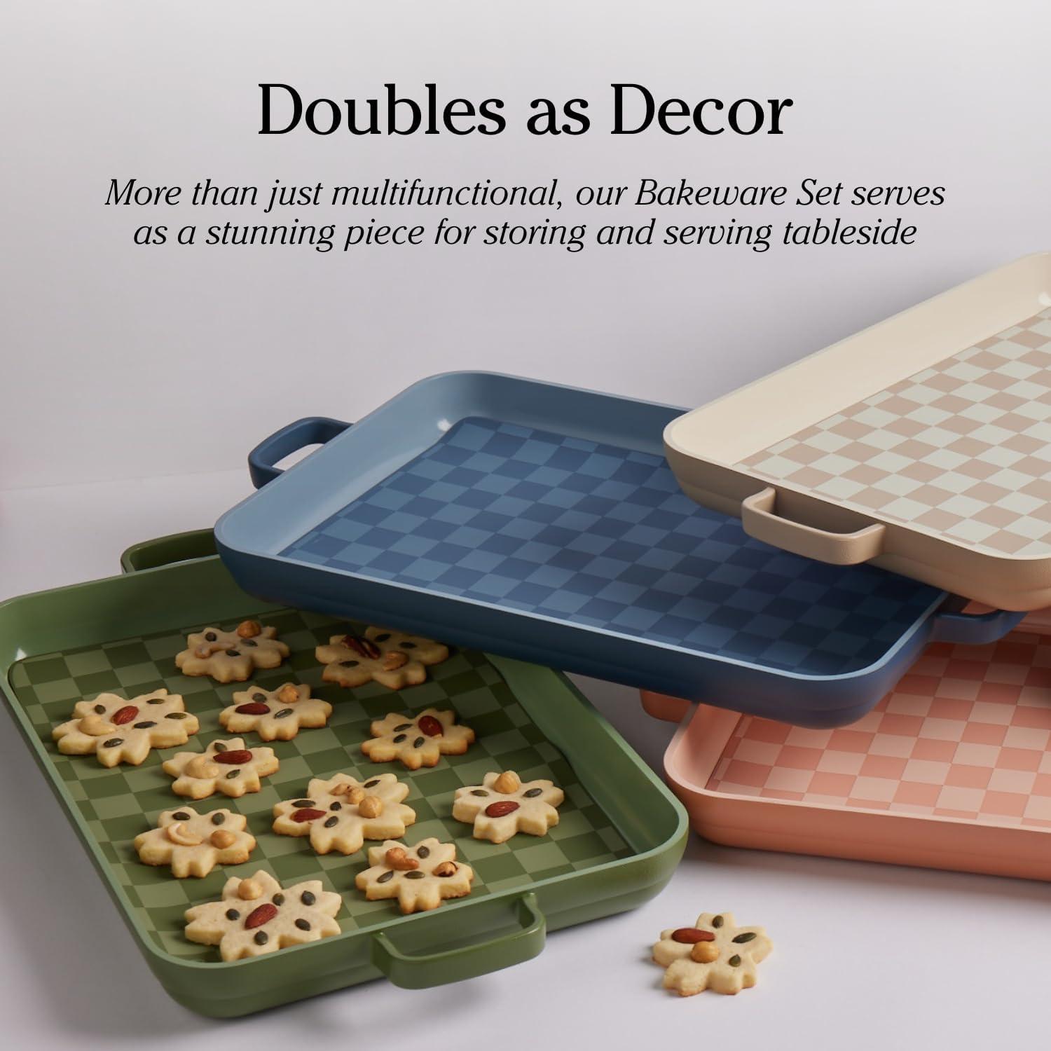 imageOur Place Bakeware Set 5Piece Nonstick ToxinFree Ceramic Cast Aluminum Set with Oven Pan Bakers ampamp Oven Mat SpaceSaving Nesting Design OvenSafe Bake Roast Griddle and more SageBlue Salt