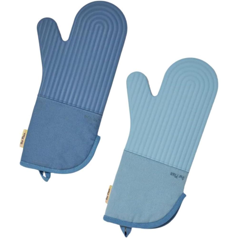 imageHot Mitts Premium Silicone ampamp Cotton Twill Oven Mitts Machine WashableSet of 2 with Magnet ampamp Hanging Loop Heat Resistant Up to 550F Blue SaltBlue Salt