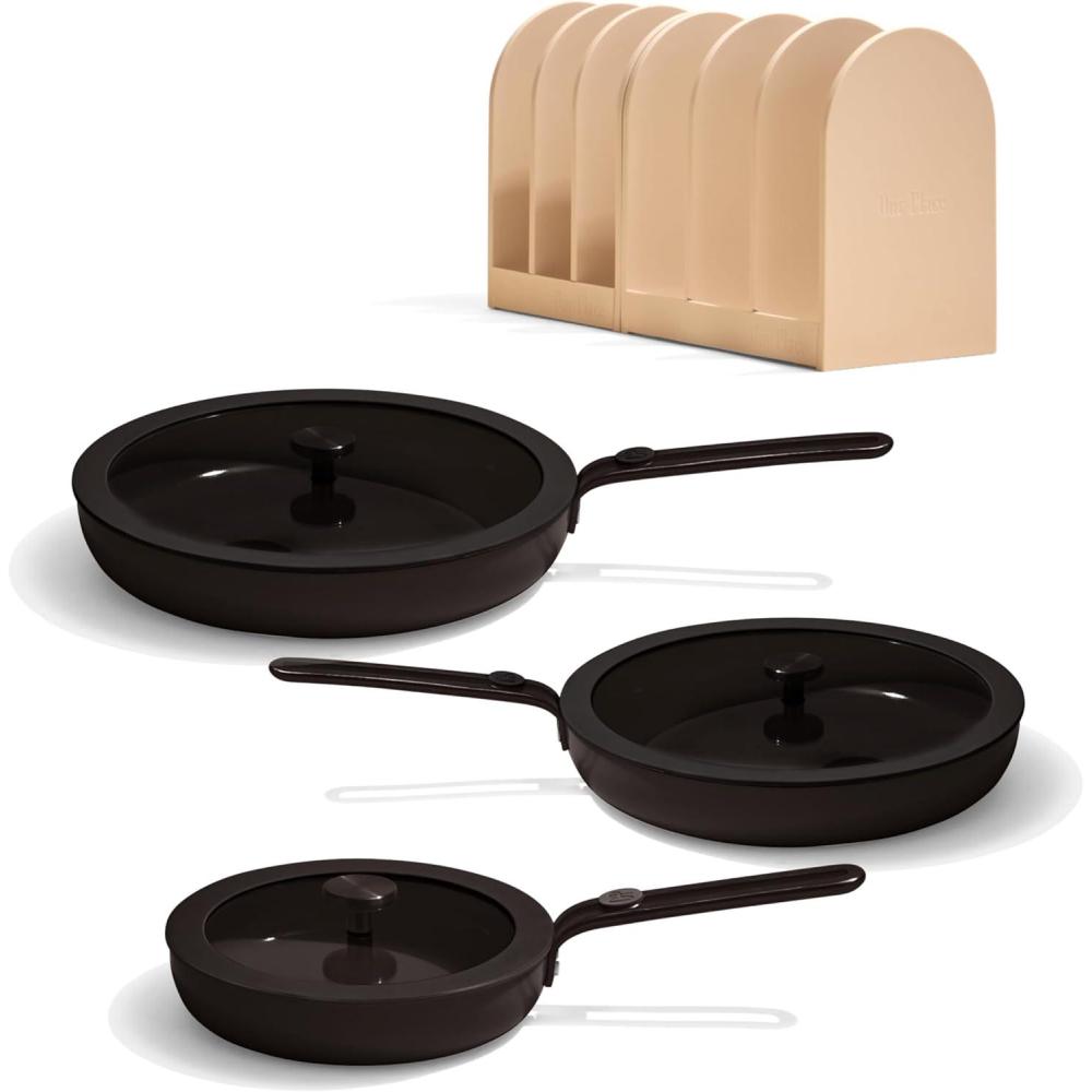 imageOur Place 17Piece Essentials Complete Cookware Set Ceramic Fry Pans Saucepans Saut Pan Stock Pot Strainer Basket ampamp Modular Storage Thermakind Nonstick Oven Safe up to 450F TerracottaChar