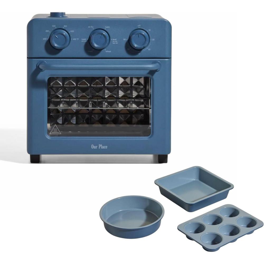 imageOur Place Wonder Oven  Bakers Kit  6in1 Air Fryer ampamp Toaster Oven with Steam Infusion  3Piece Nonstick Ceramic Bakeware Set Round Square ampamp Muffin Pan  NonToxic PFASFree Baking  Blue Salt