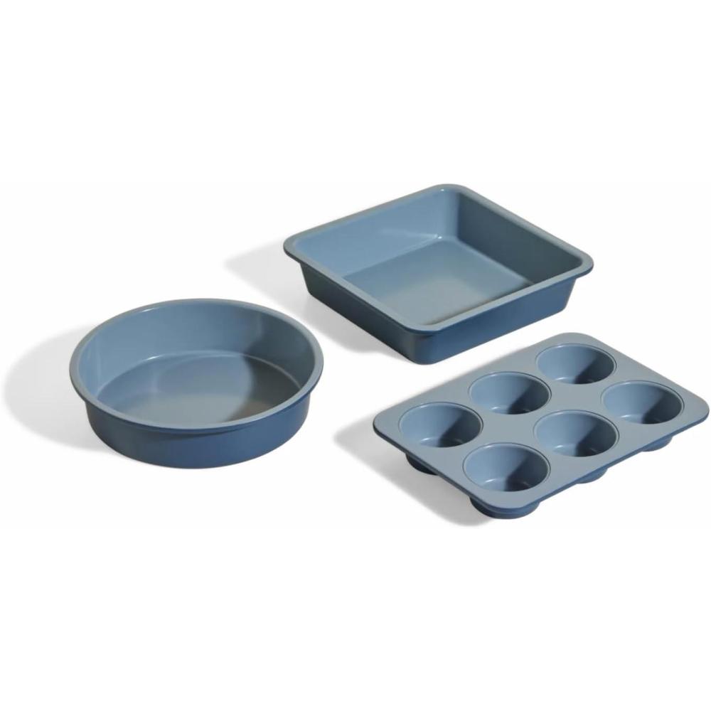 imageOur Place Wonder Oven Bakers Kit  3Piece ToxinFree Ceramic Nonstick Bakeware Set 8 Round 8 Square 6Cup Muffin Pan  OvenSafe up to 450F  SpiceBlue Salt