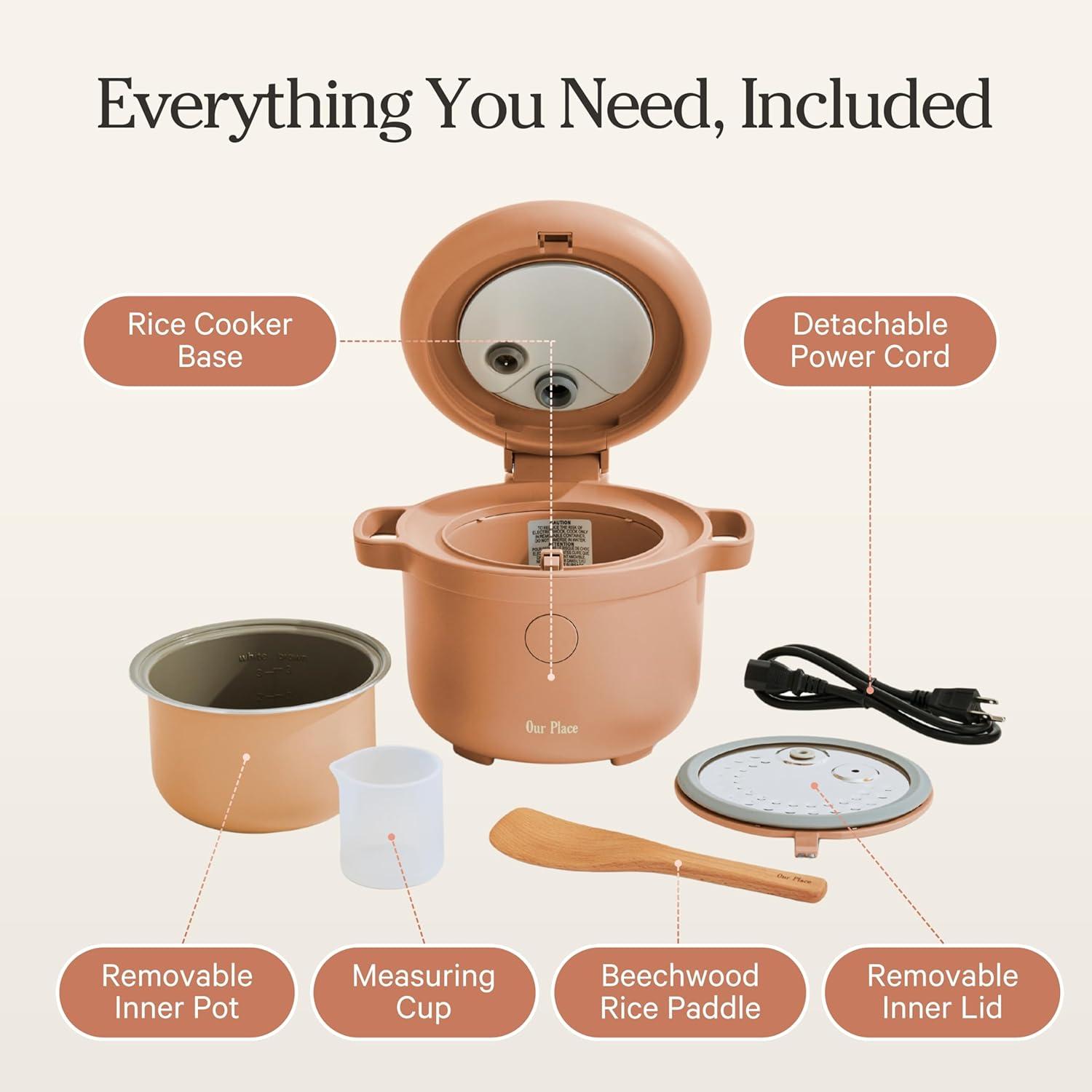 imageOur Place Rice Cooker 6Cup Compact Rice Cooker with Ceramic Nonstick Inner Pot Fuzzy Logic MultiCooker for White amp Brown Rice Oatmeal amp Grains Delay Timer amp Auto Keep Warm PistachioSpice